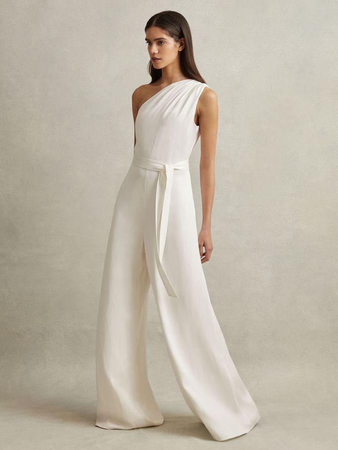 One-Shoulder Belted Jumpsuit in Ivory (269223) | $402