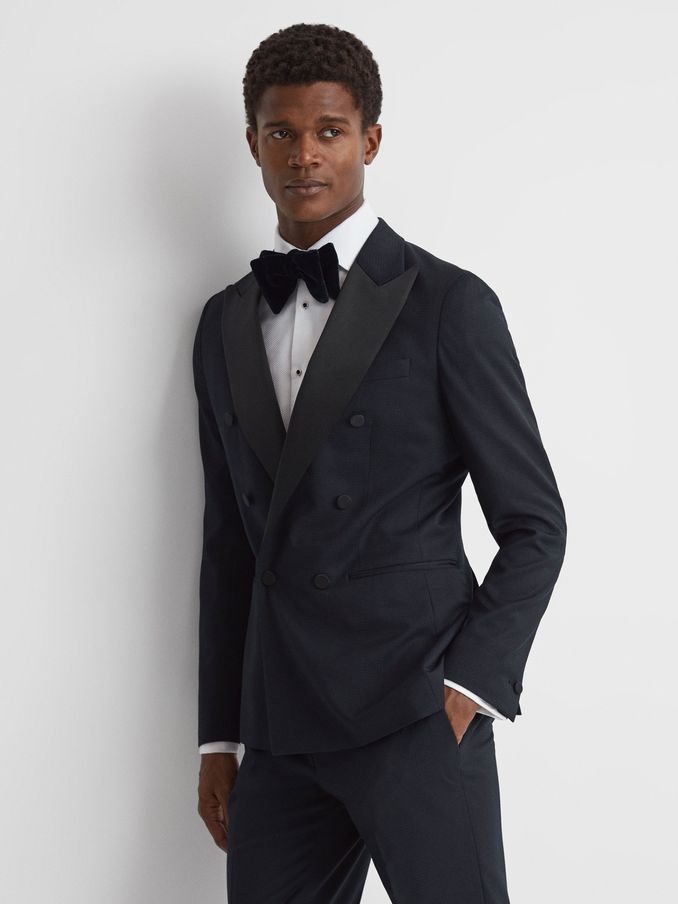 Modern Fit Satin Lapel Double Breasted Jacquard Blazer in Navy (274006) | CHF 326