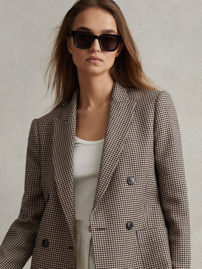 Ella Black/Camel Petite Wool Blend Double Breasted Dogtooth Blazer (276181) | €253