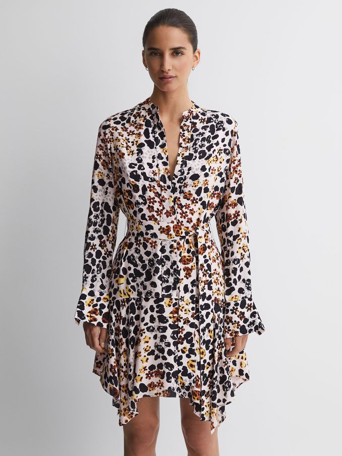 Animal Print Asymmetric Belted Dress in Nude/Black (281380) | US$98