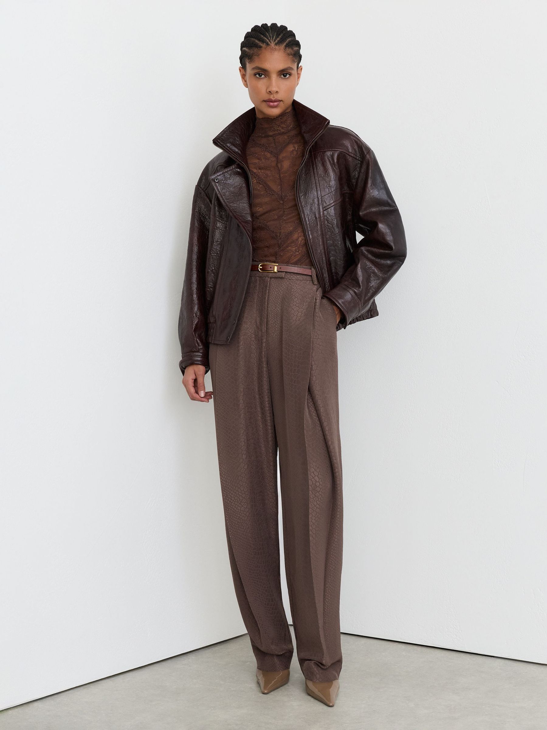 Mocha Brown - Jacquard Deep-pleat Barrel-leg Trousers