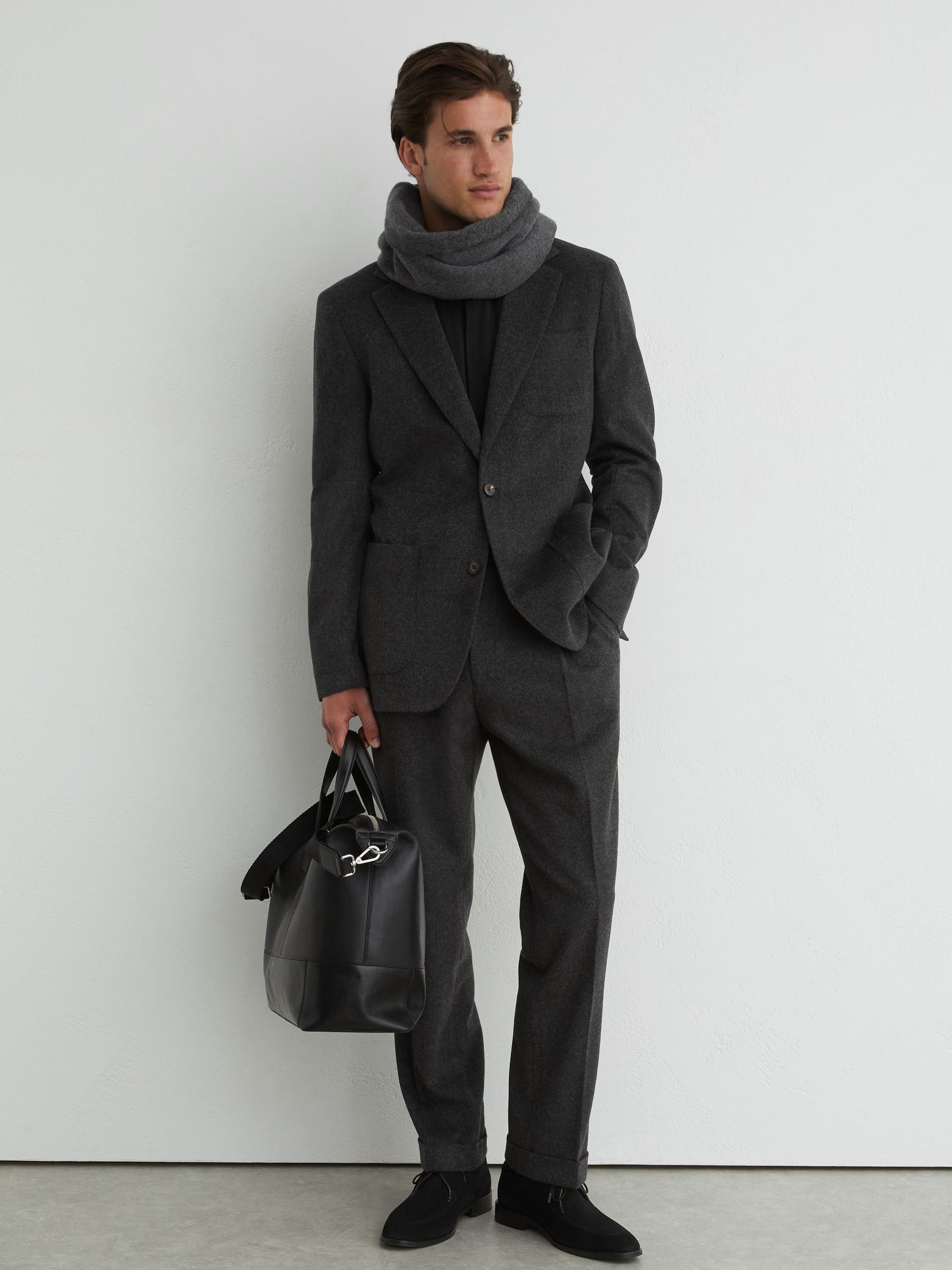 炭灰色 - Regular Wool-blend Flannel Side-adjuster Suit Trousers Tailored-fit