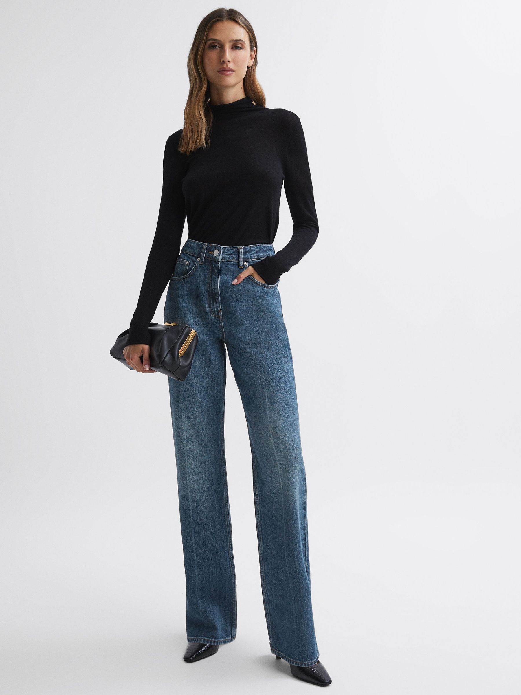 Petite High Rise Straight Leg Jeans in Mid Blue (285132) | 233 SAR