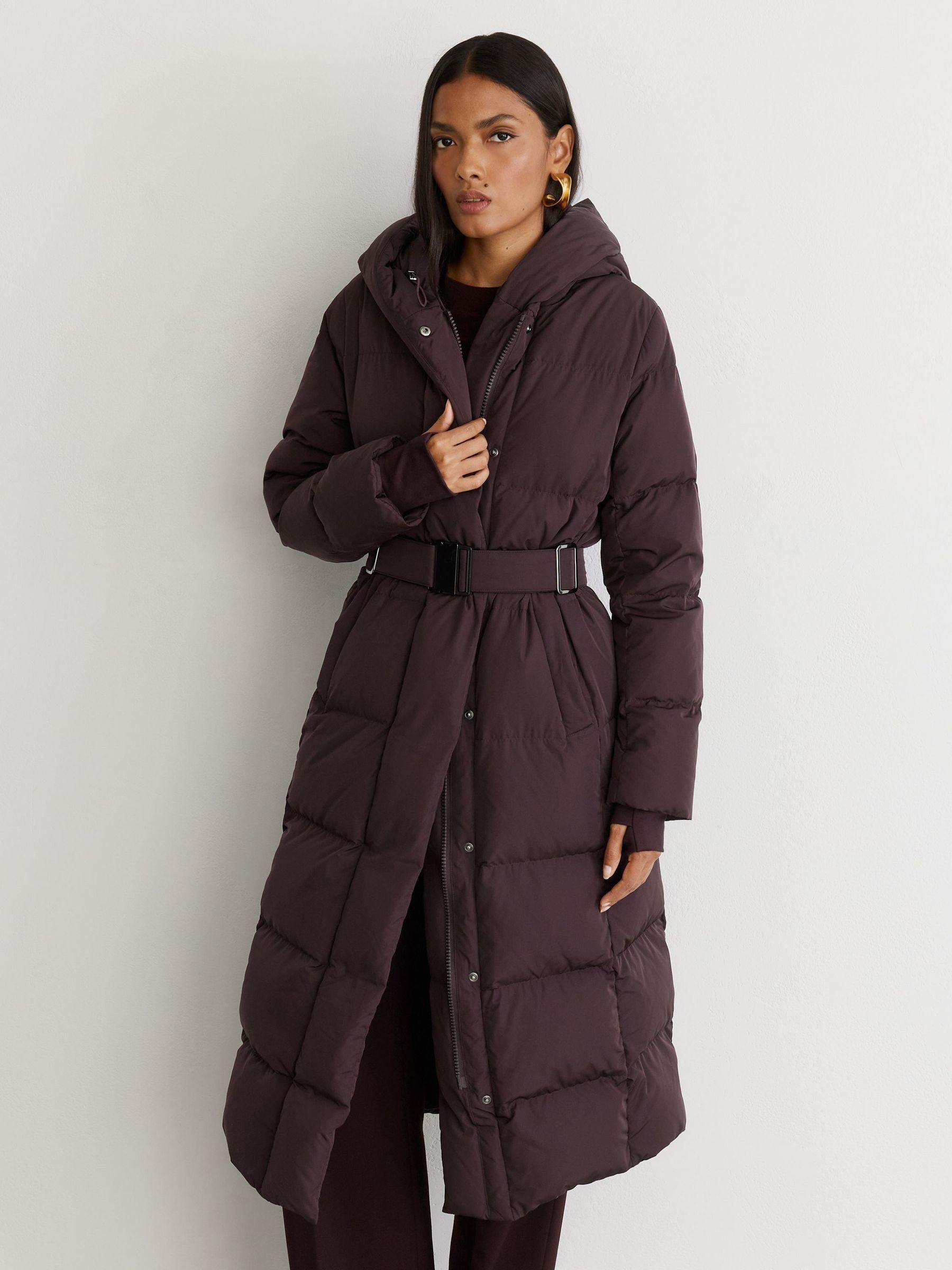 Dark Grape - Belted Longline Hooded Puffer Coat