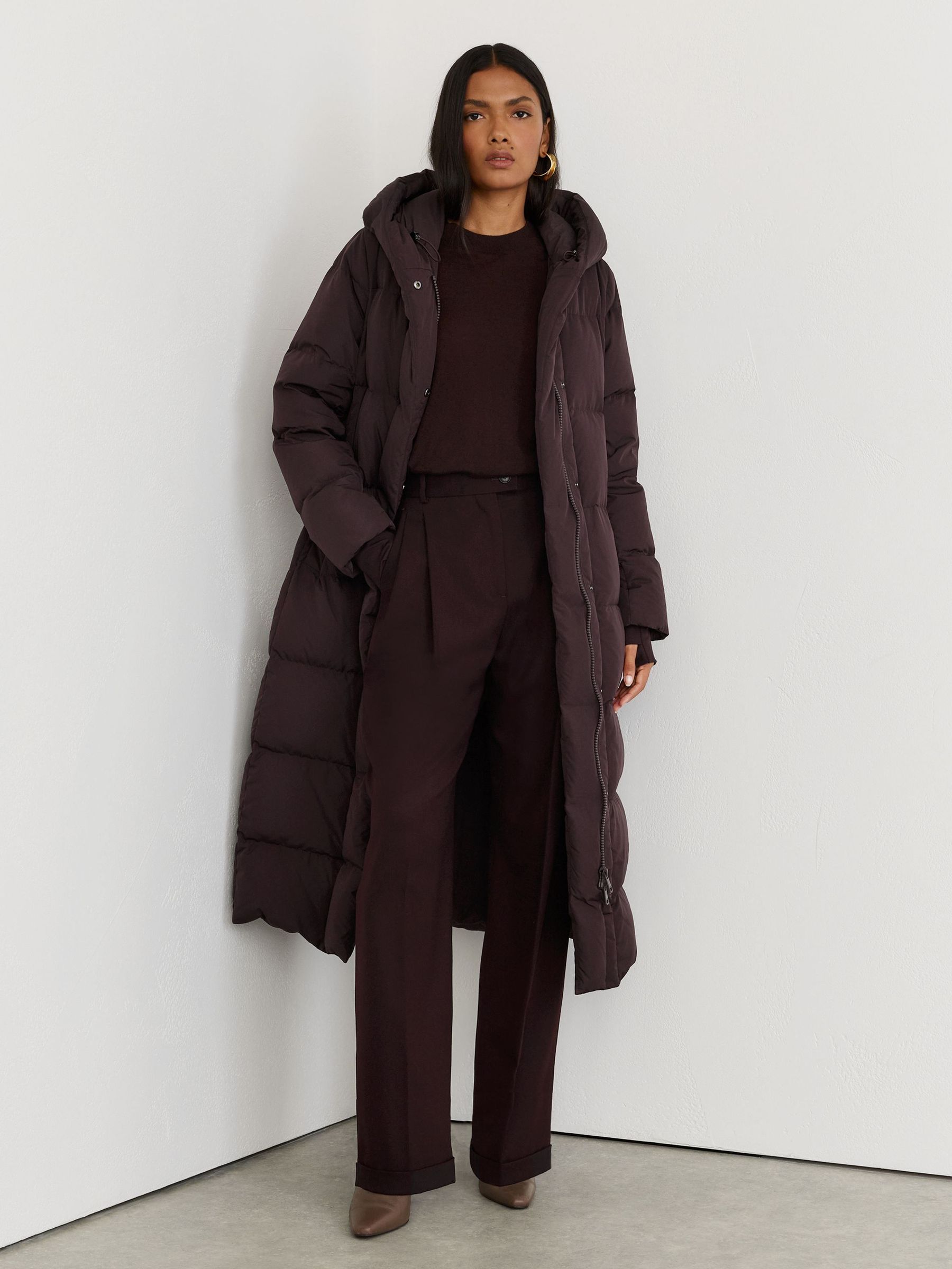 Dark Grape - Belted Longline Hooded Puffer Coat