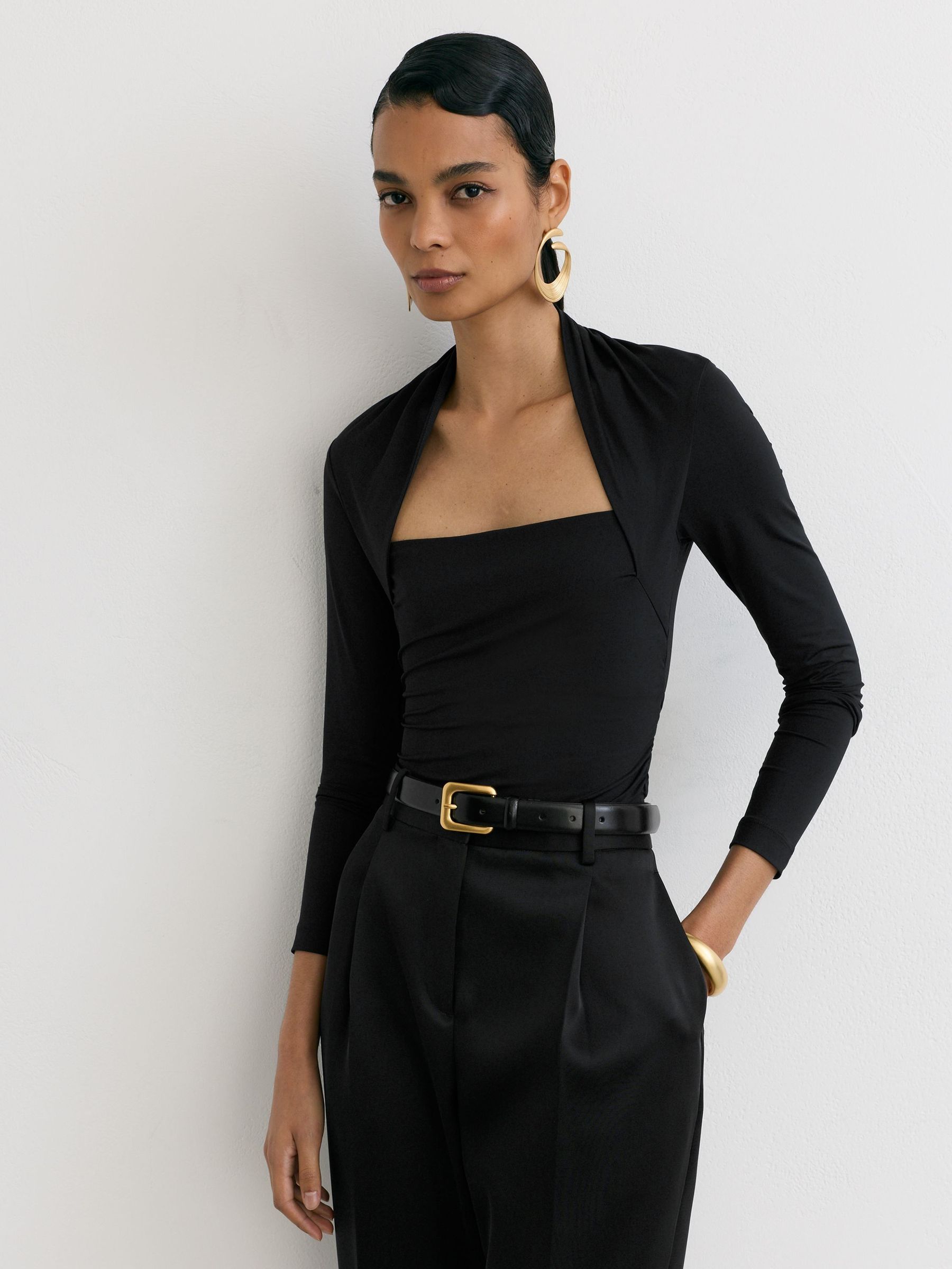 Black - Square-neck Ruched Long Sleeve Top