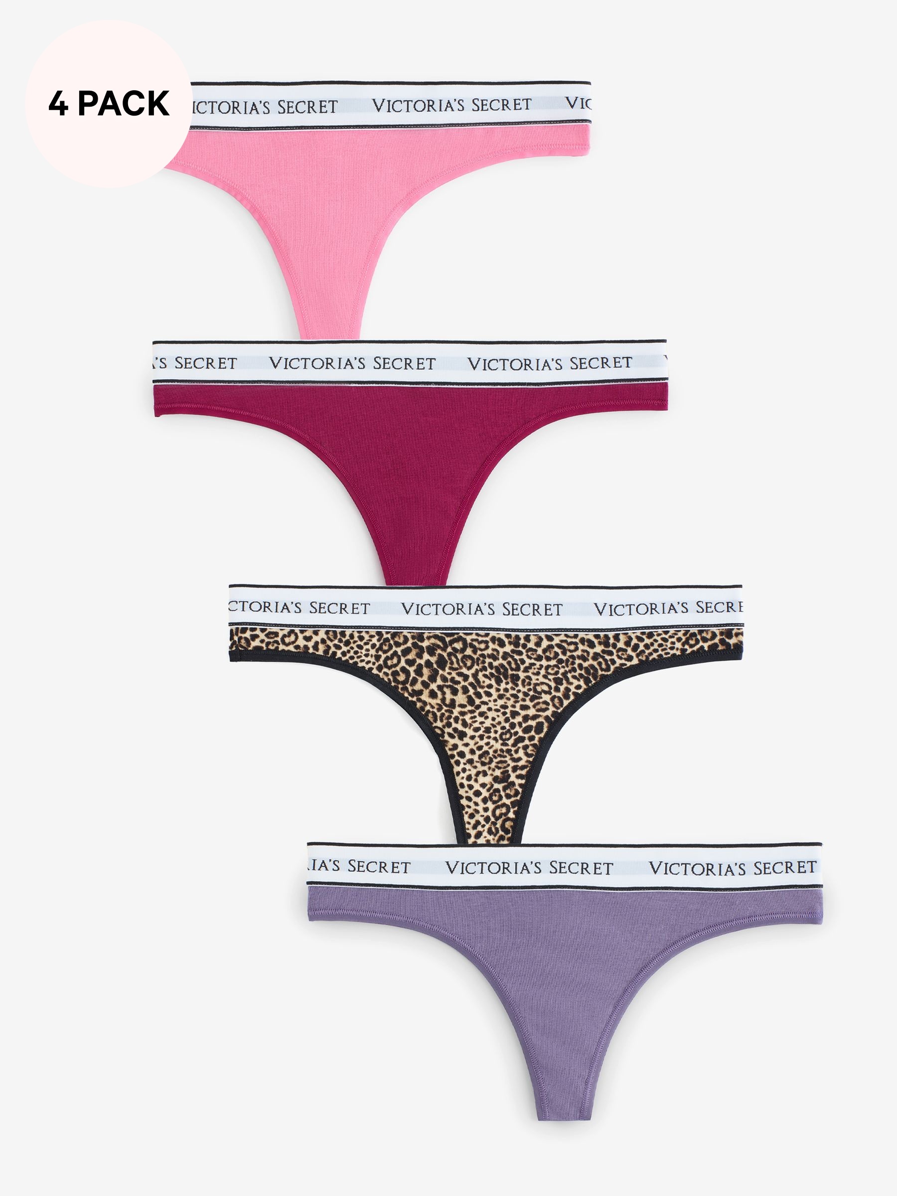 Pink/Leopard/Purple - Thong Logo 4 Pack Knickers