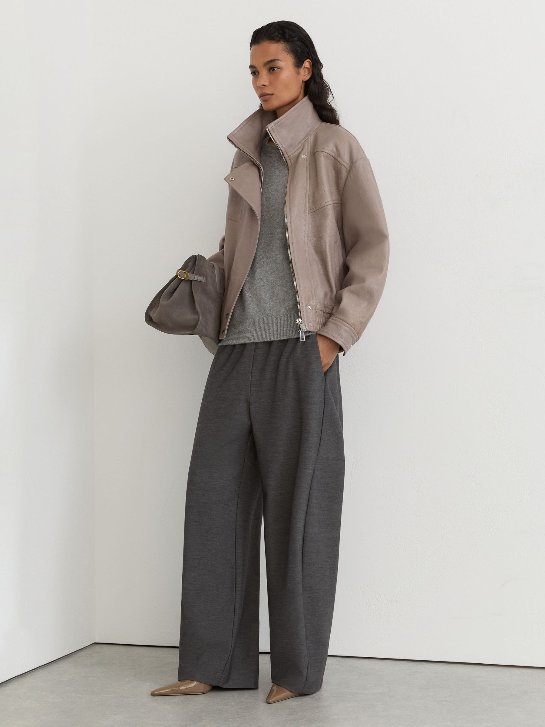 Grey - Textured Leather Oversized Jacket