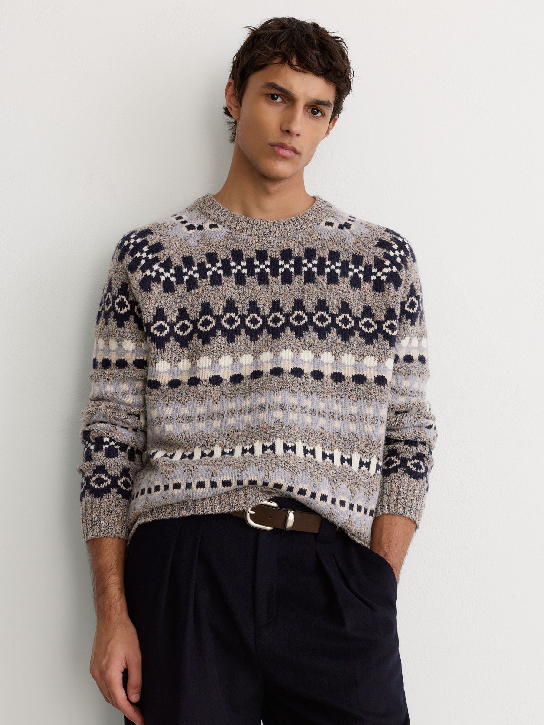 Soft Blue - Regular Wool-blend Tweed-jacquard Crew-neck Jumper