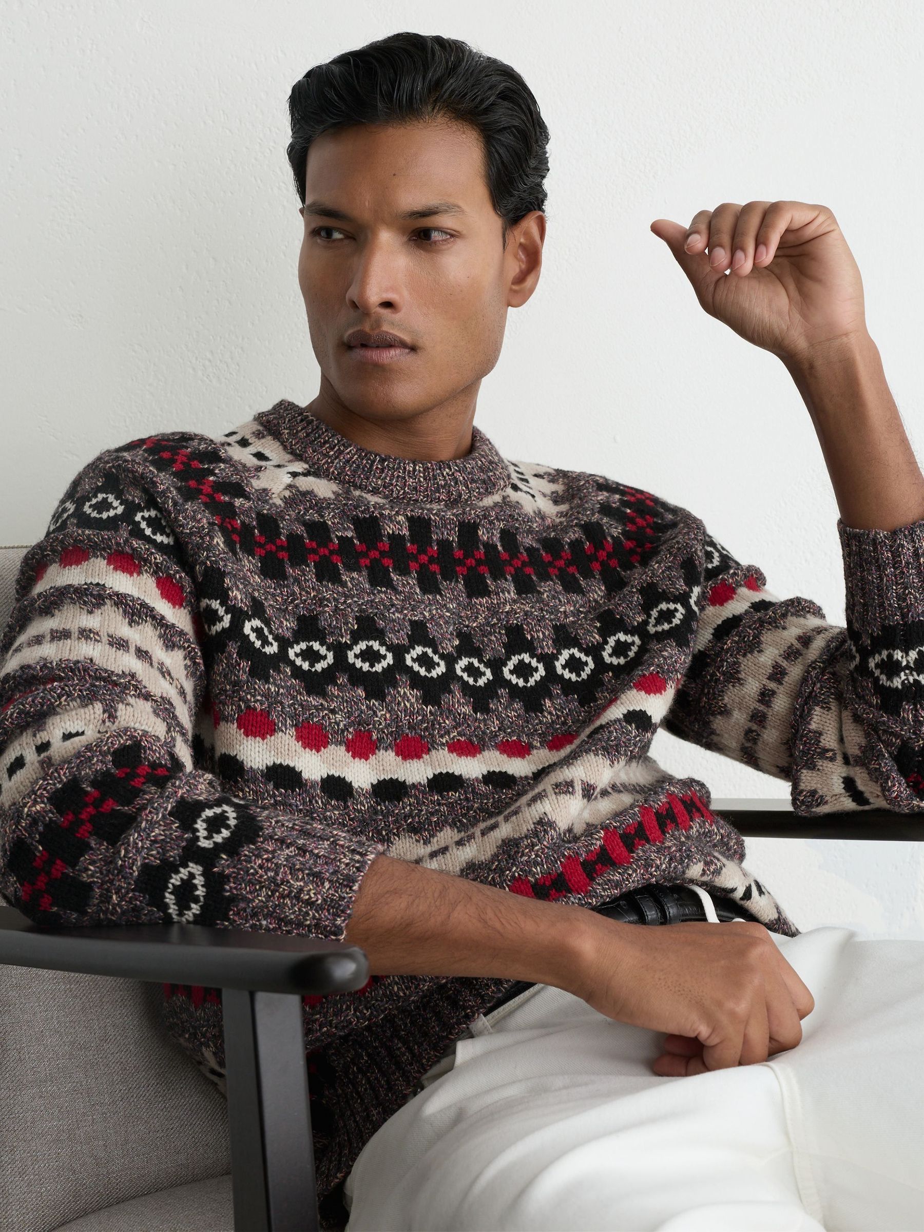 Maroon Red - Regular Wool-blend Tweed-jacquard Crew-neck Jumper
