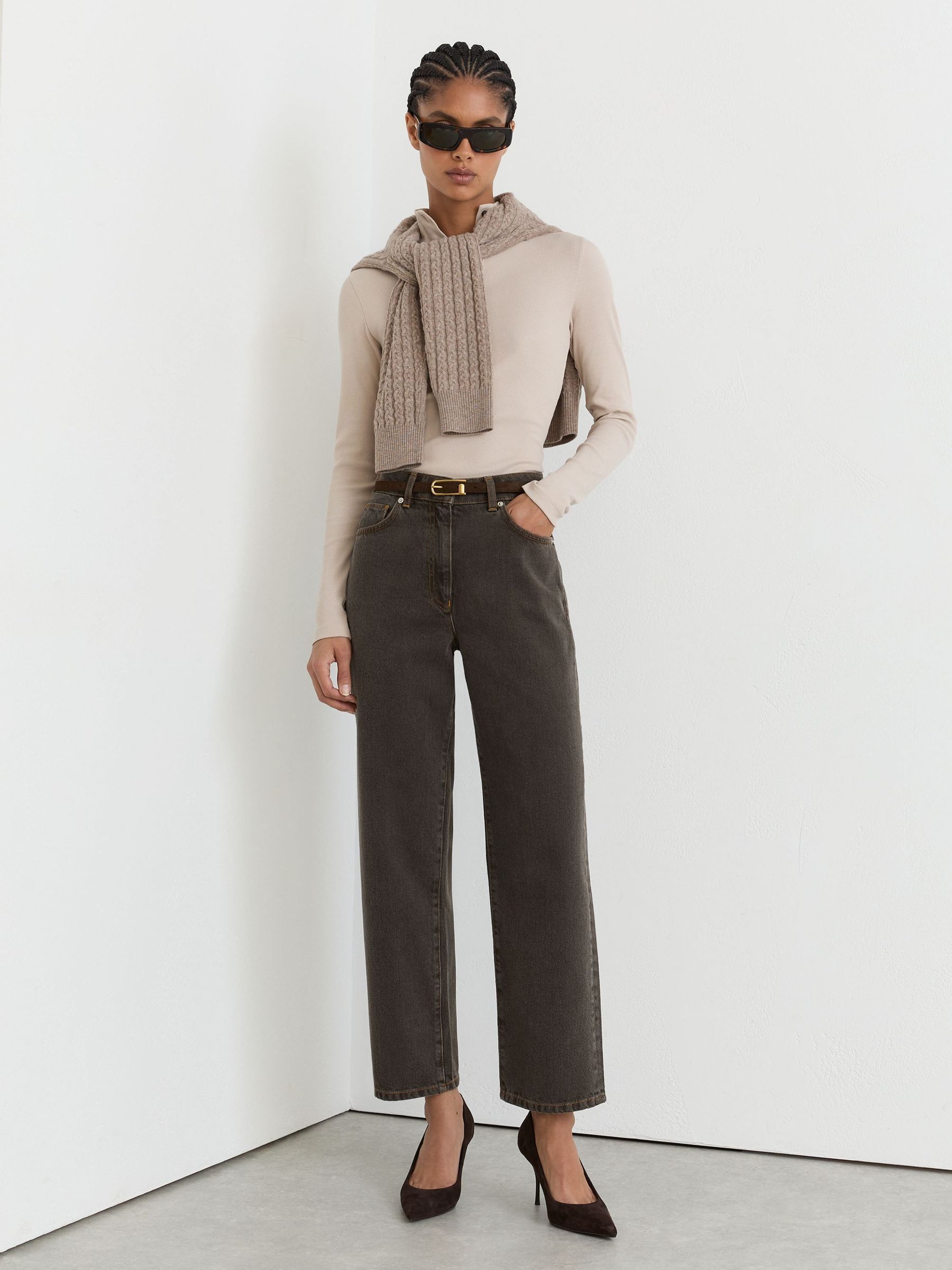 Mushroom Brown - Mid-rise Straight-leg Jeans