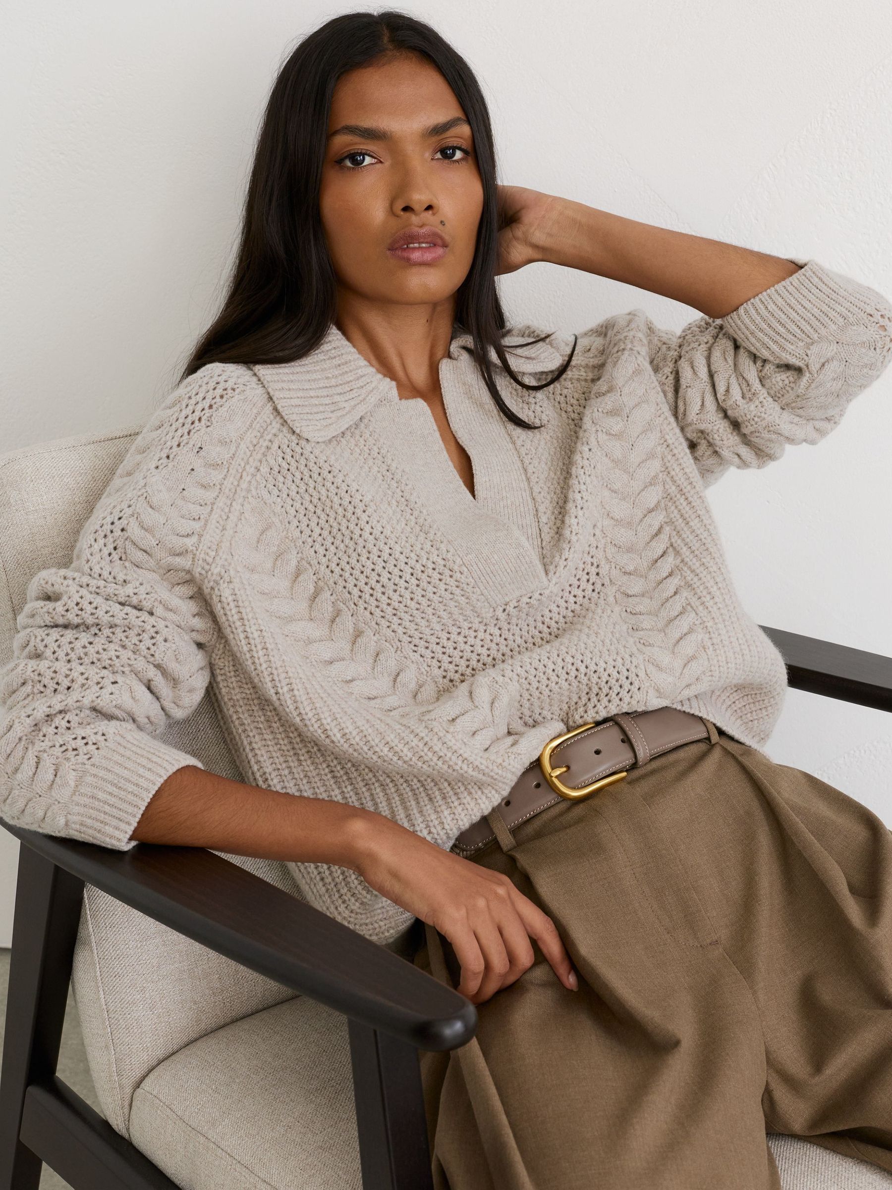 Neutral - Wool Cable-knit Open-collar Jumper