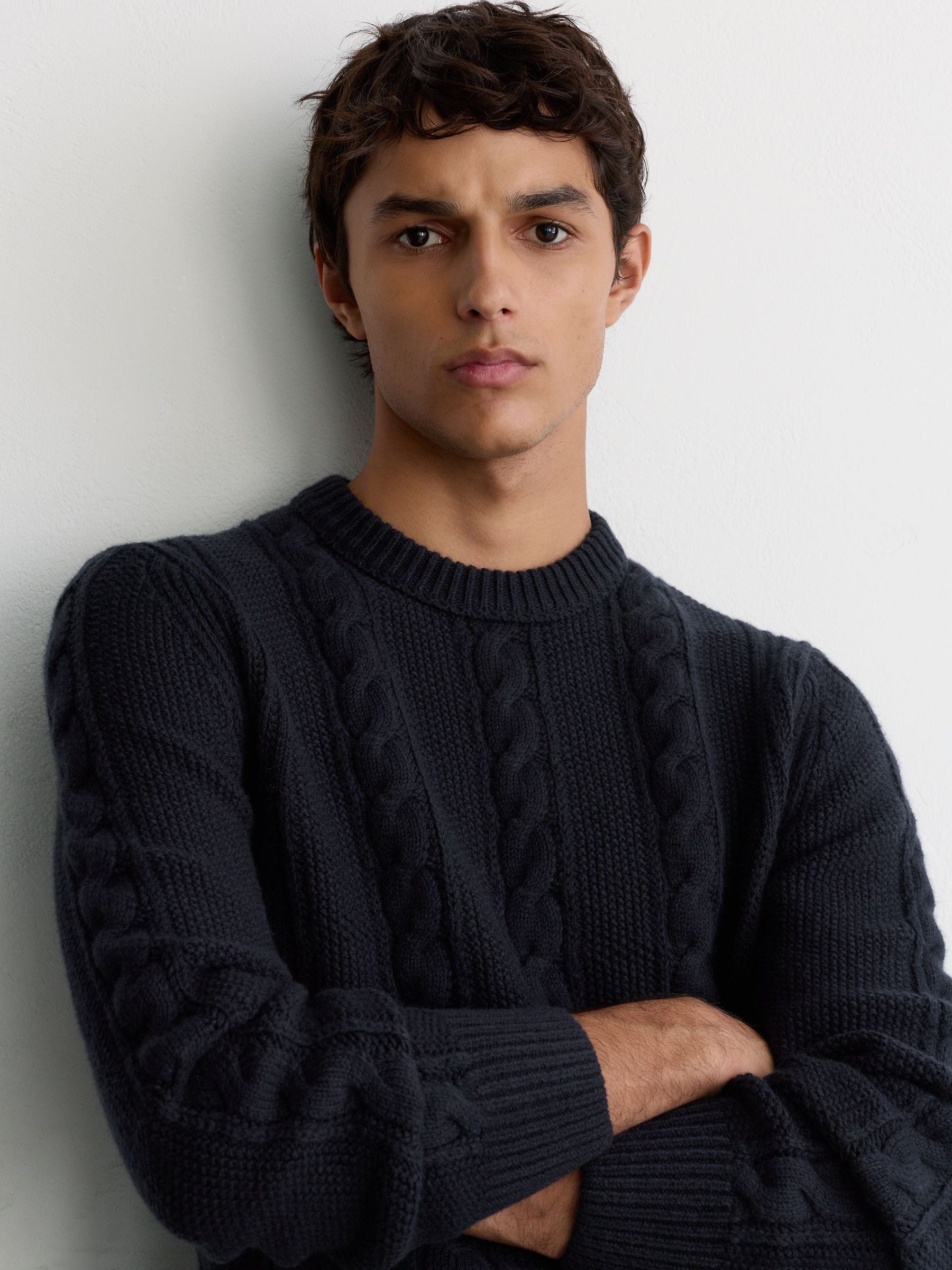 海軍藍 - Regular Cable-knit Crew-neck Jumper With Wool