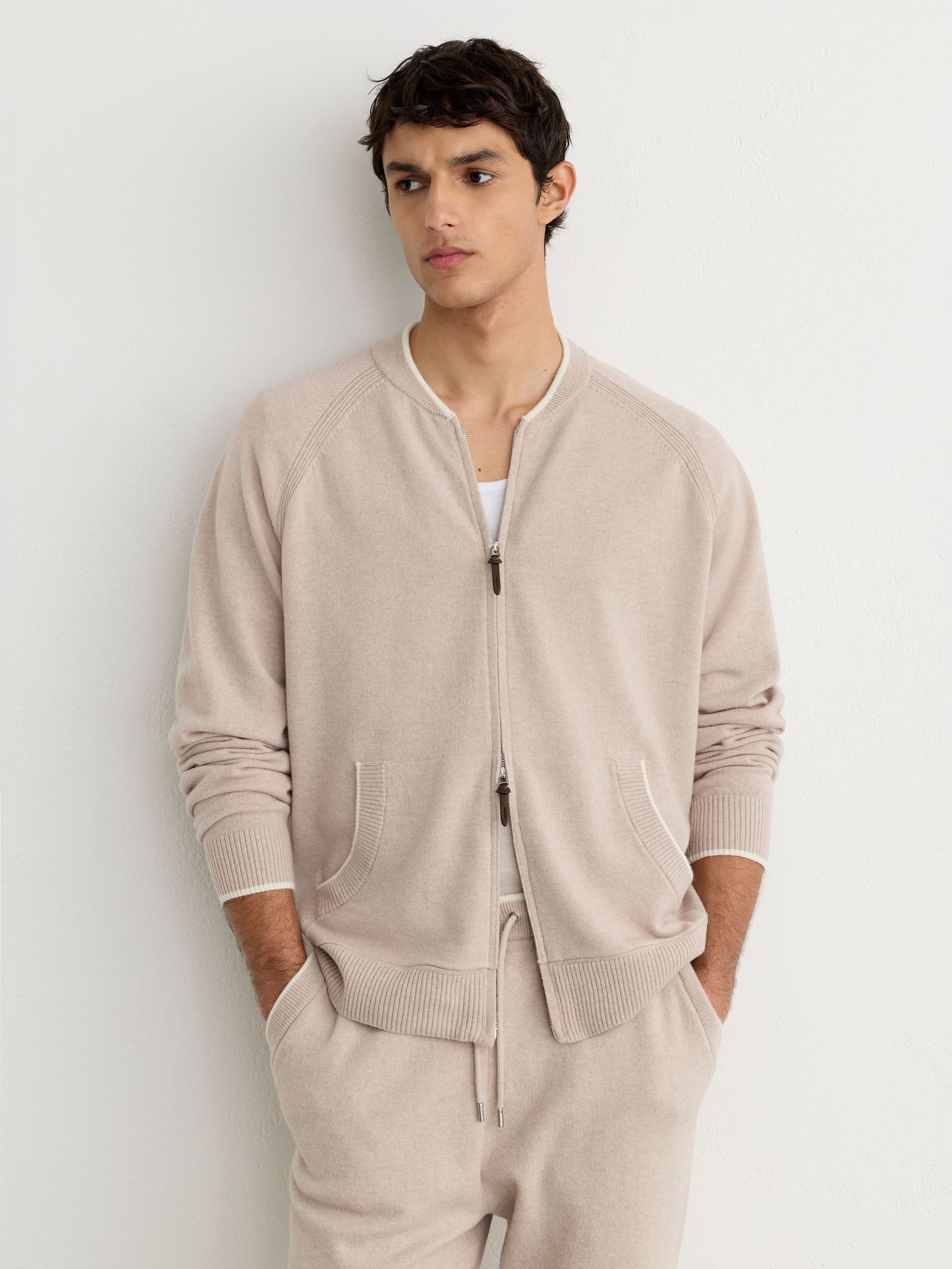 Oatmeal - Regular Merino Wool Zip-through Bomber Cardigan
