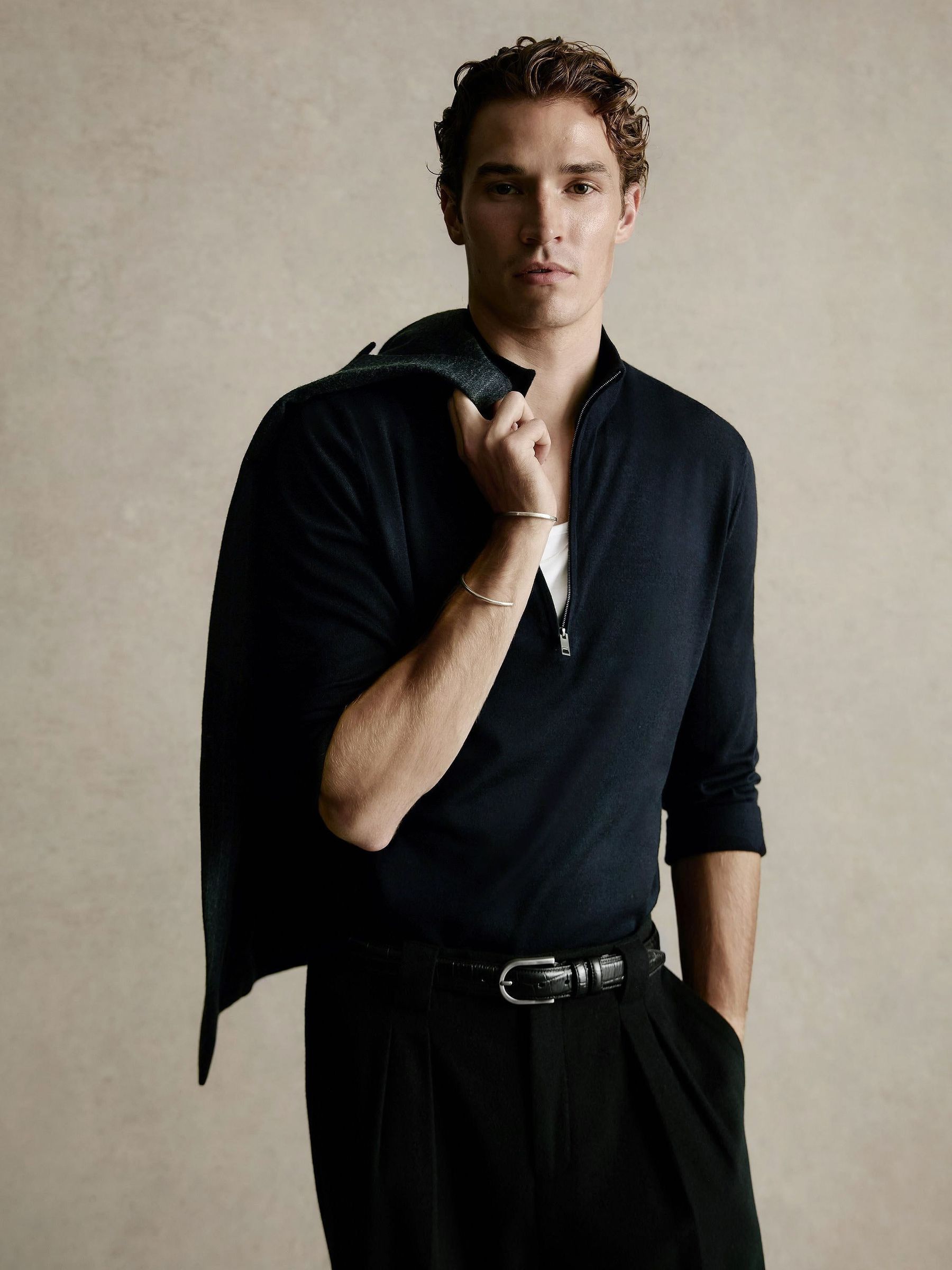 Navy - Regular Ultra-fine Merino Wool Quarter-zip Jumper