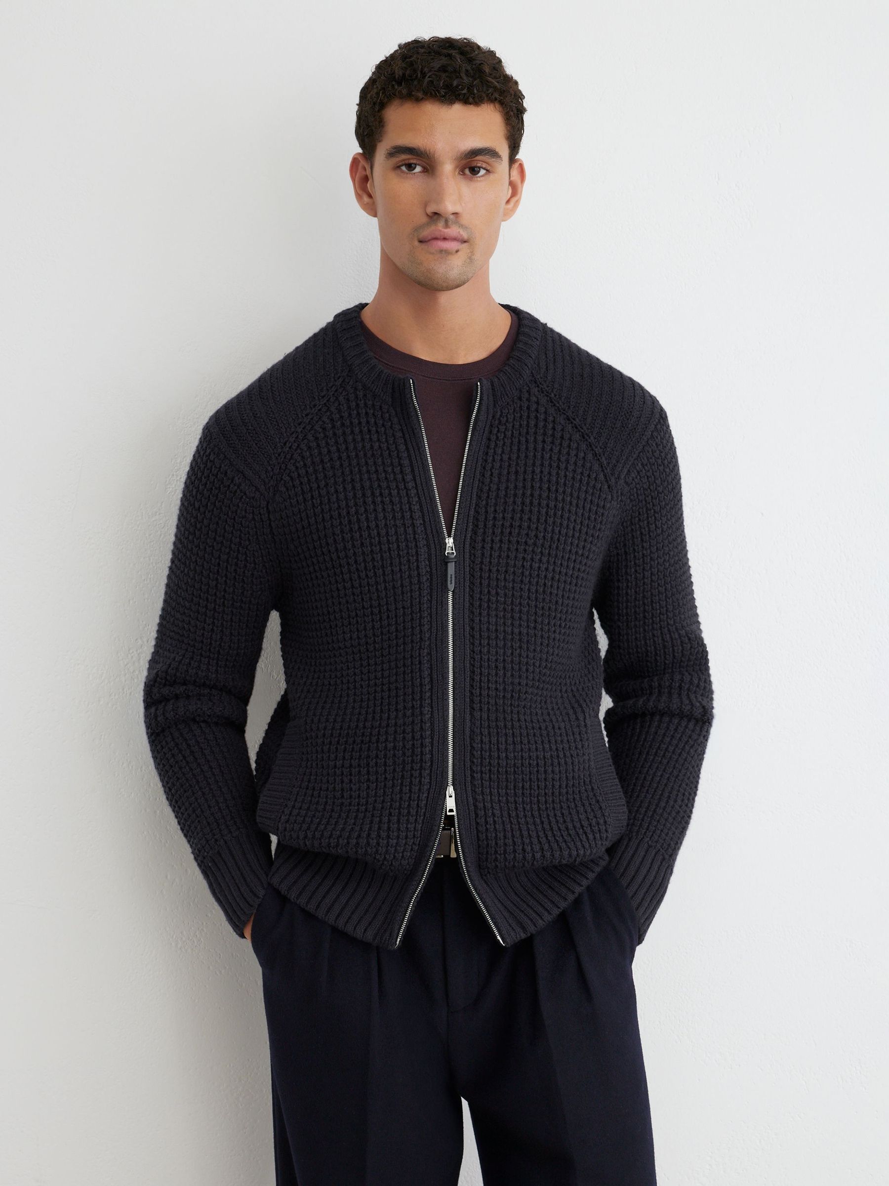 marine - Regular Waffle-knit Dual-zip Bomber Jacket