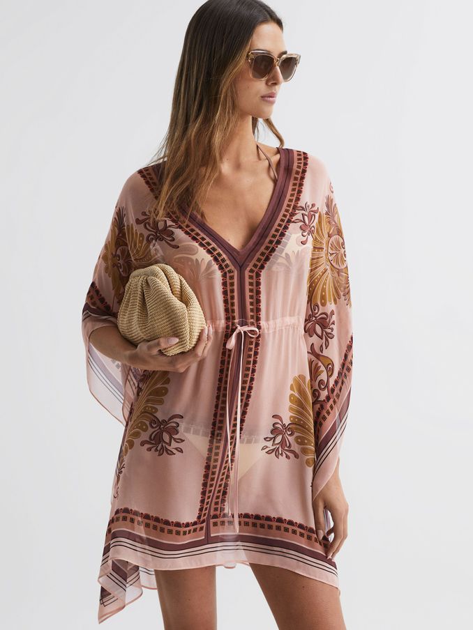 Abstract Print Drawstring Kaftan in Tan (319479) | US$138