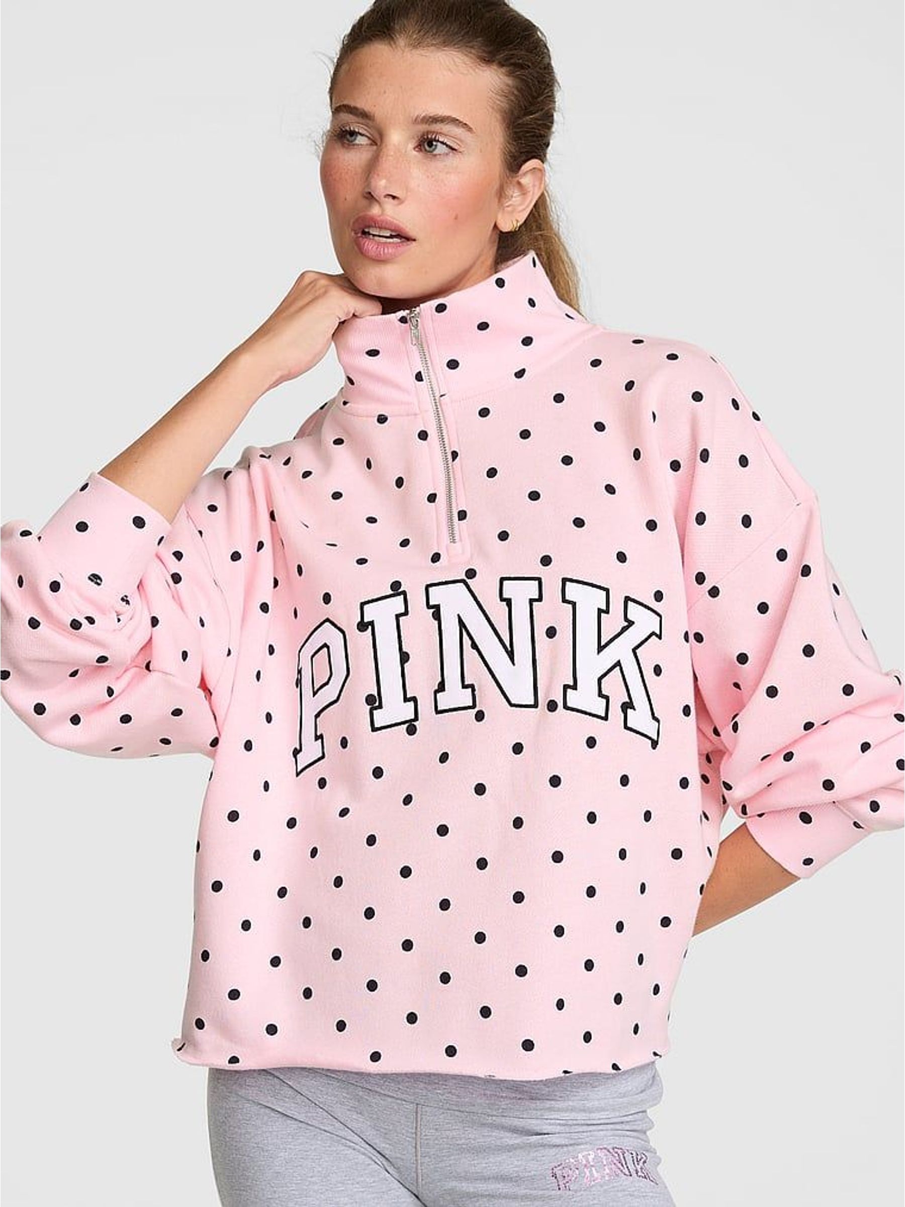 Pink Polka Dot - Quarter Zip Fleece Sweatshirt