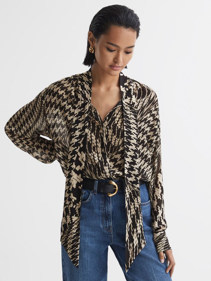 Dogtooth Tie-Neck Blouse in Black/White (340397) | US$110