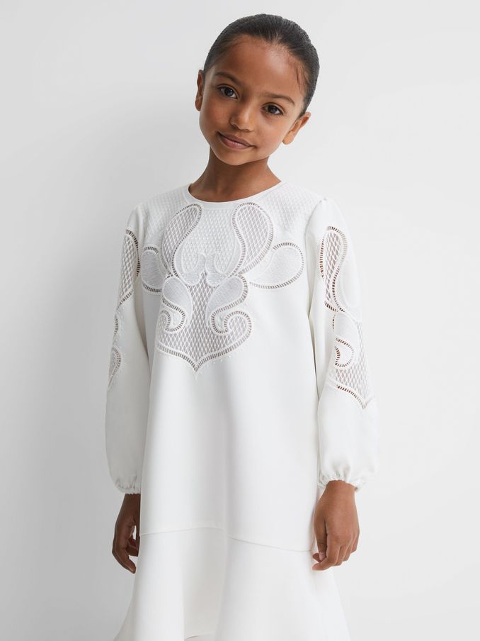 9-13 yrs Floral Embroidered Dress in Ivory (344444) | 130 QAR
