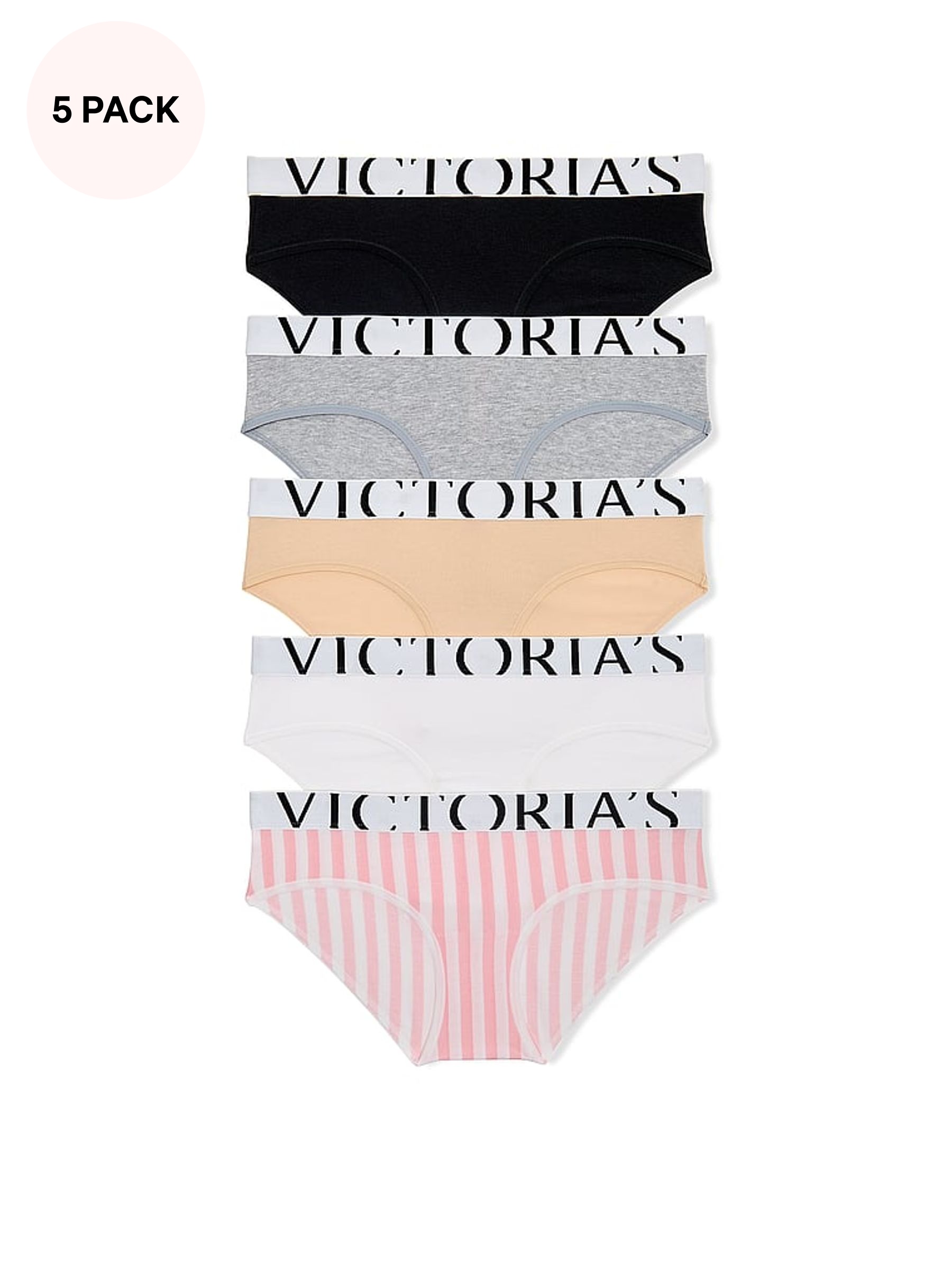 Black/Grey/Nude/White/Pink - Hipster 5 Pack Exploded Logo Cotton Knickers