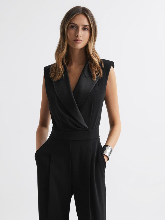 Petite Satin Lapel Jumpsuit in Black (354904) | CHF 107