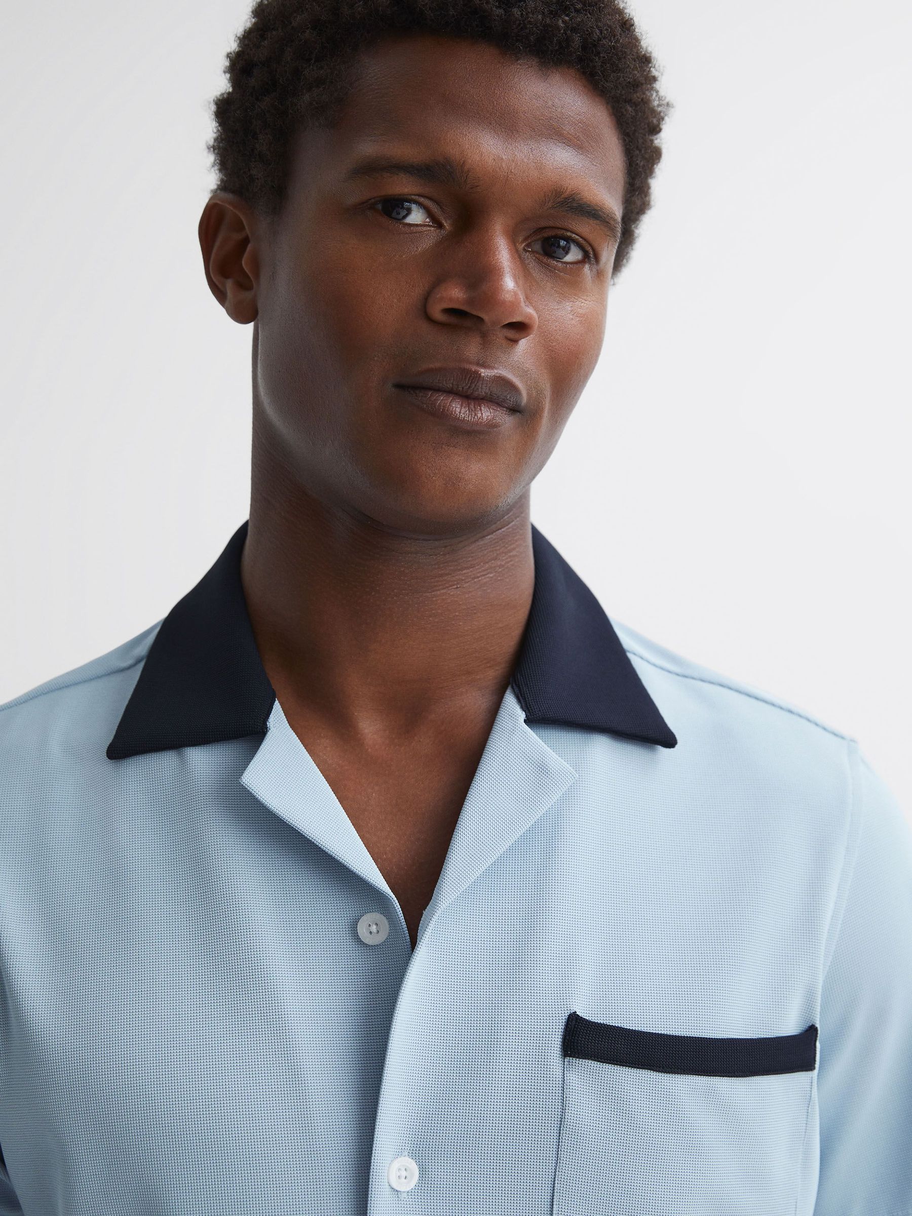 Cuban Collar Contrast Shirt in Soft Blue/Navy (359803) | $54