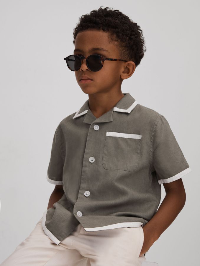 9-13 yrs Linen Contrast Cuban Collar Shirt in Khaki/White (391978) | $28