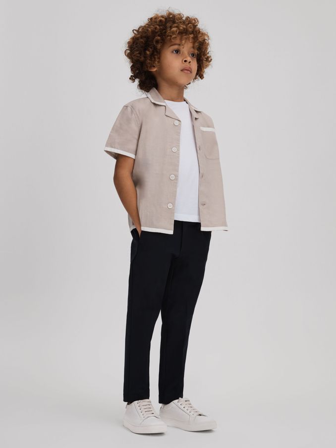9-13 yrs Linen Contrast Cuban Collar Shirt in Stone/White (392032) | $33