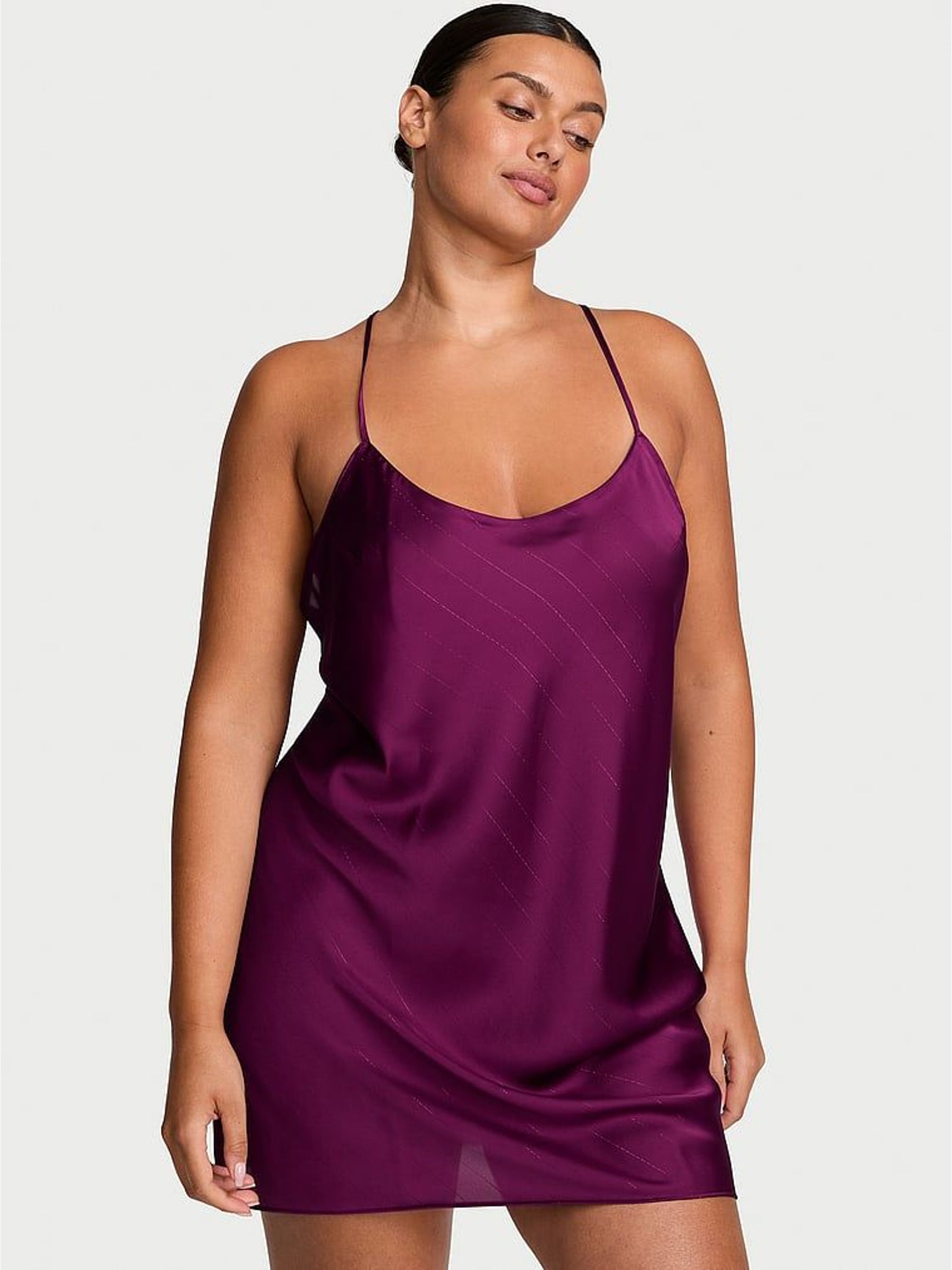 Rhubarb Purple Shimmery - Short Satin Open Back Slip