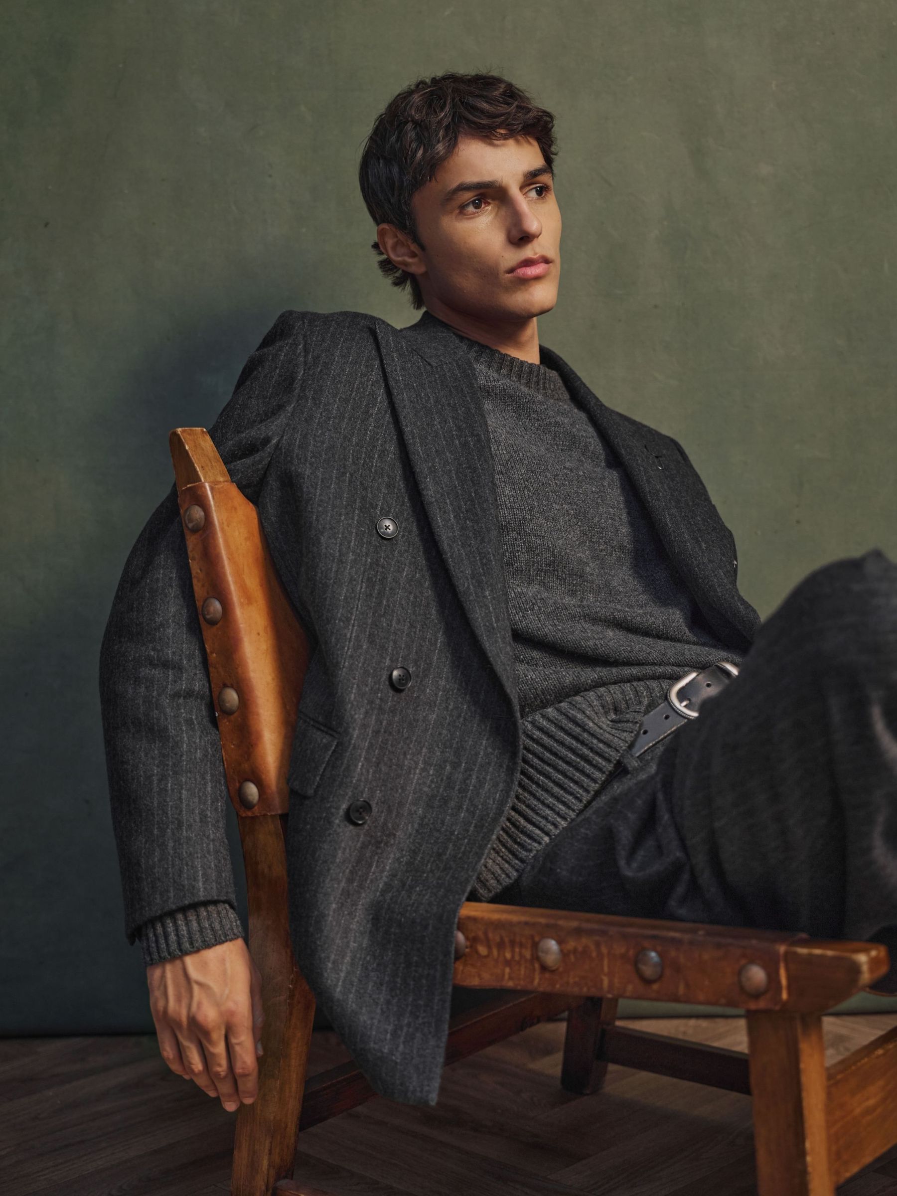Gris de charbon de bois - Regular Monogram Wool-blend Chalk-stripe Double-breasted Blazer Relaxed-fit