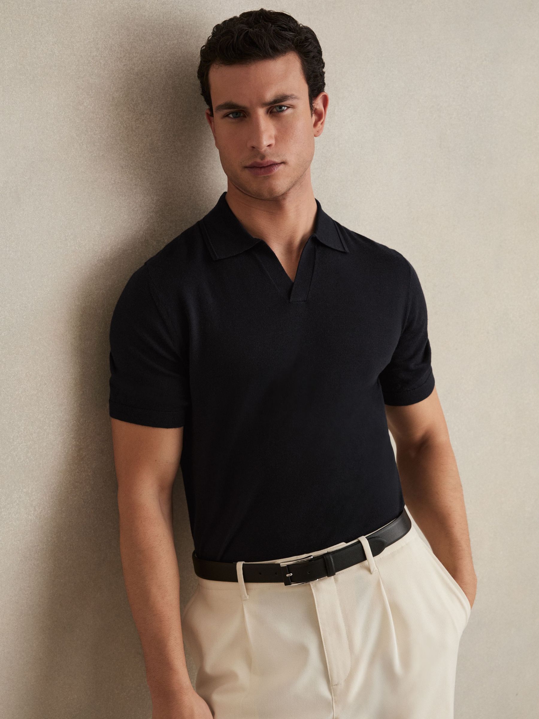 Merino Wool Open Collar Polo Shirt in Navy (3DY057) | €125