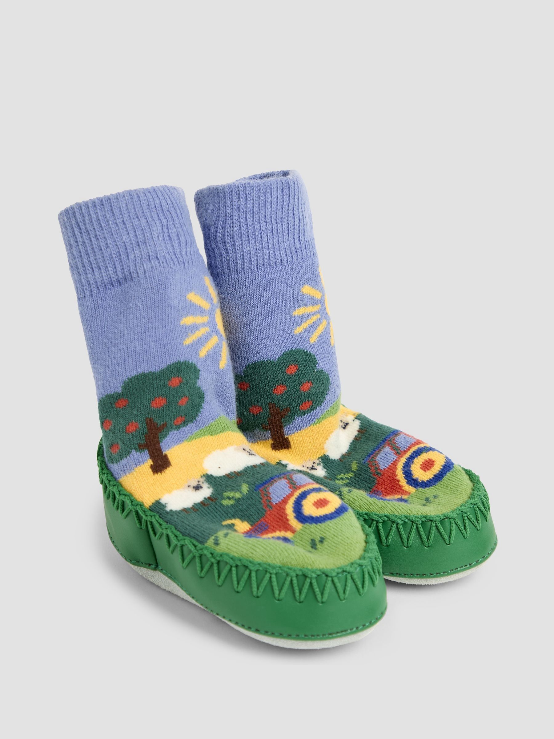 Farm Scene Moccasin Slipper Socks in Blue (404199) | $21