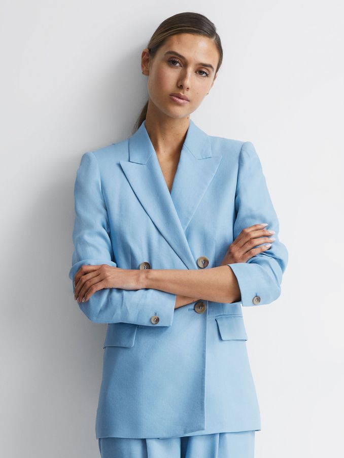 Petite Double Breasted Linen Blazer in Blue (404201) | ‏500 د.إ.‏