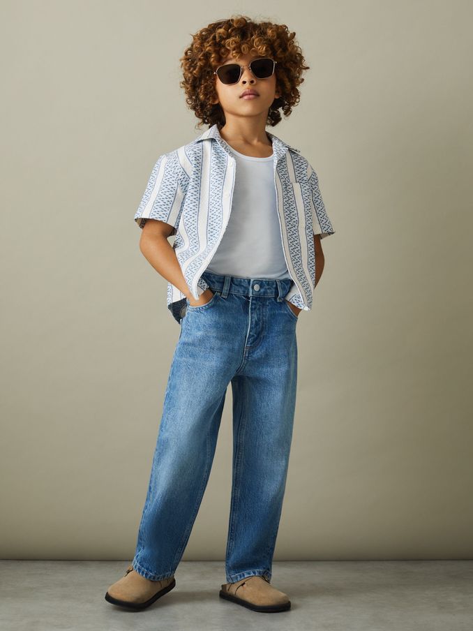 9-13 yrs Herringbone Cuban Collar Shirt in Blue/White (405883) | US$23