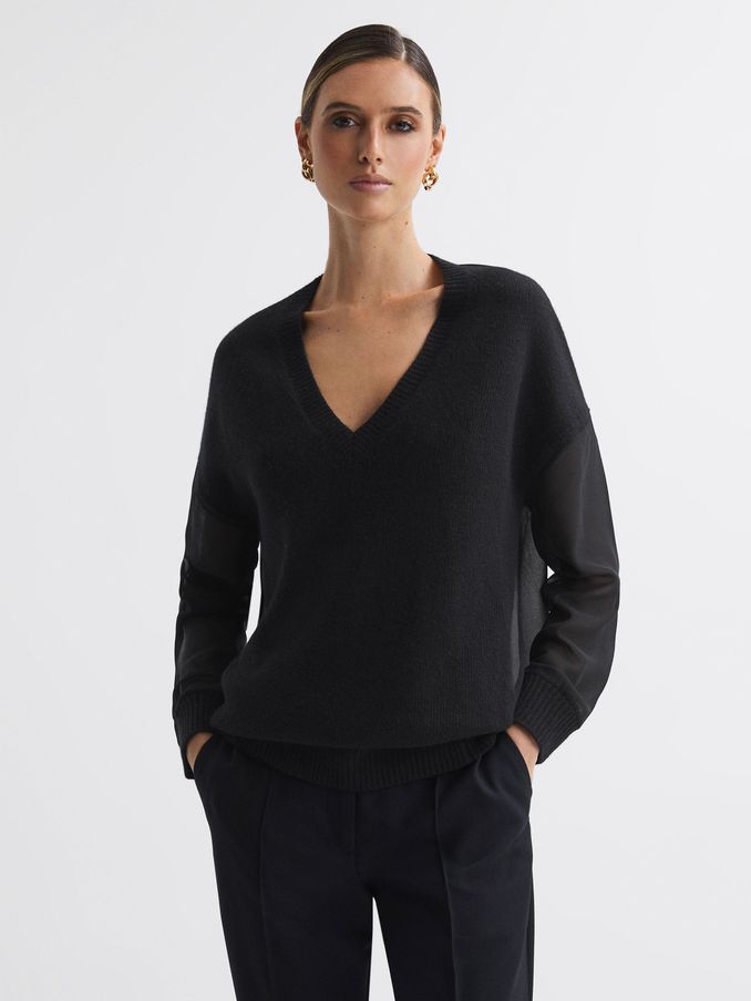 Hybrid Knit and Sheer V-Neck Jumper in Black (406391) | US$71
