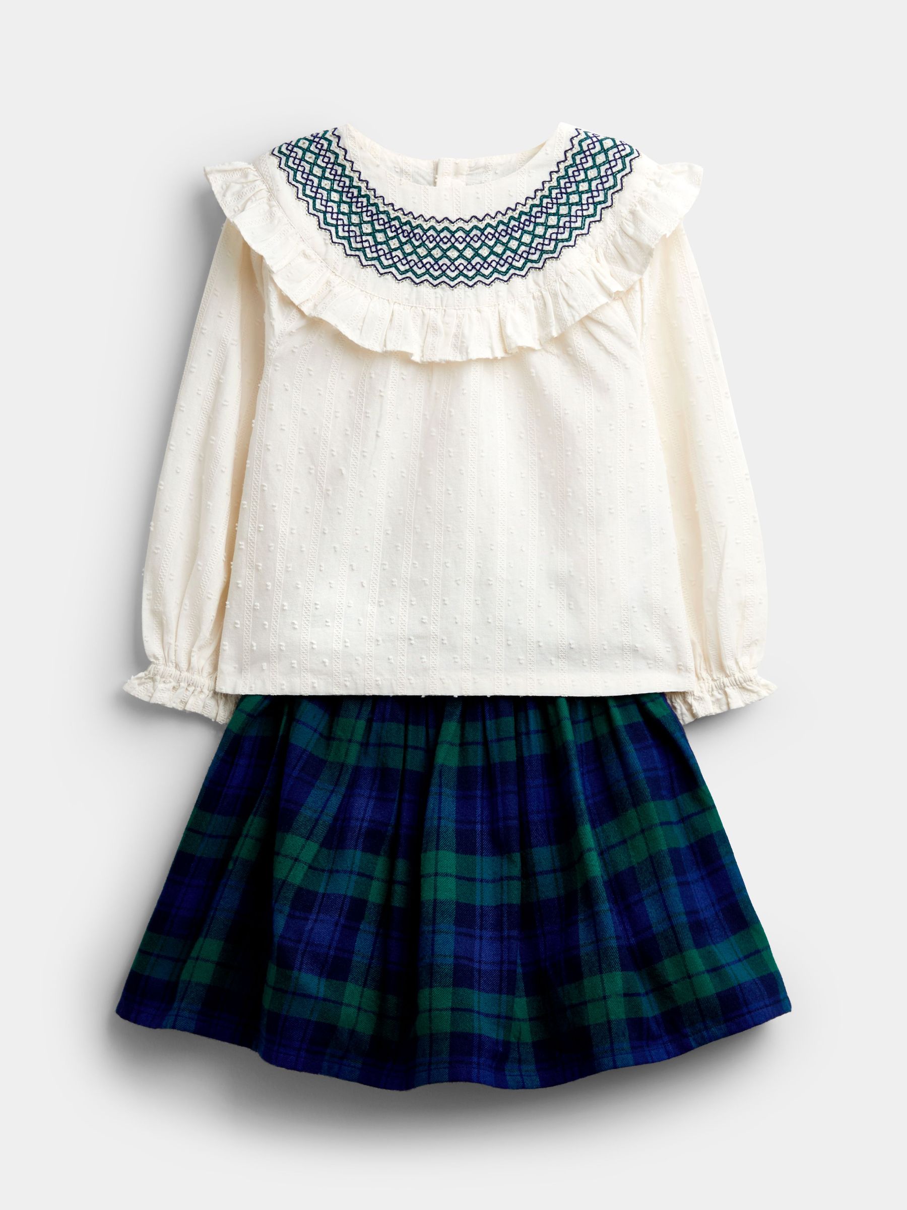 Navy Blue Tartan - Skirt & Embroidered Blouse Set