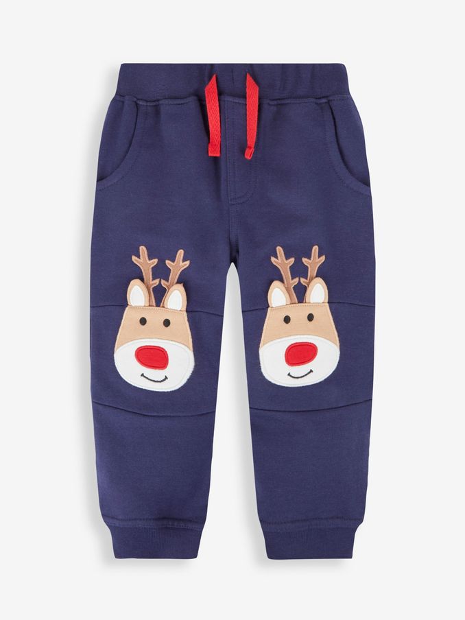 Navy Blue Reindeer Reindeer Appliqué Knee Joggers (412624) | $10