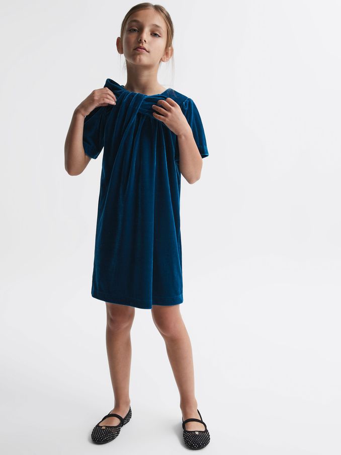 4-9 yrs Velvet Bow Dress in Teal (413986) | €29
