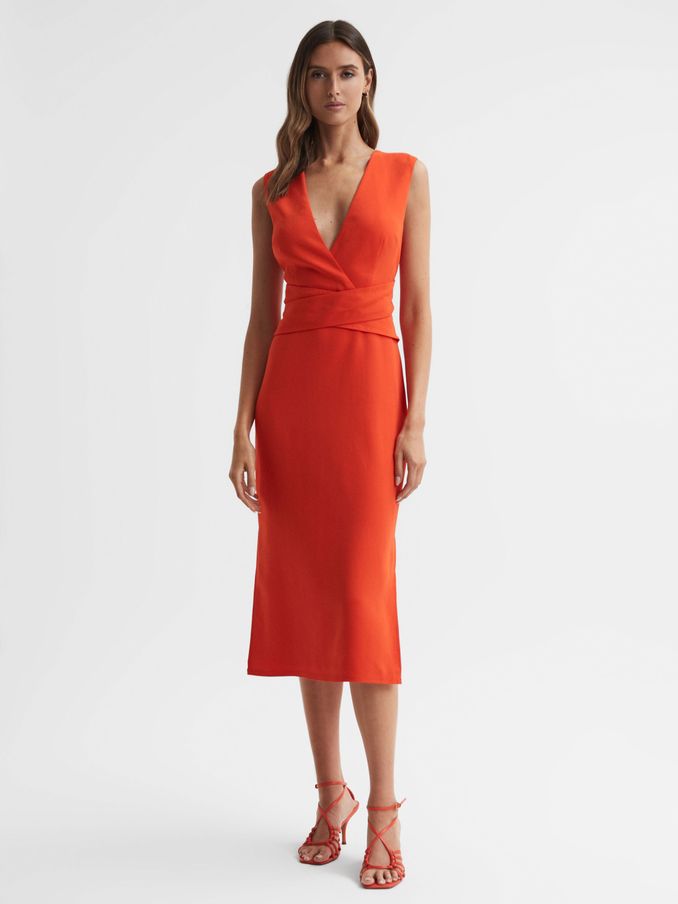 Fitted Wrap Design Midi Dress in Orange (414237) | US$98