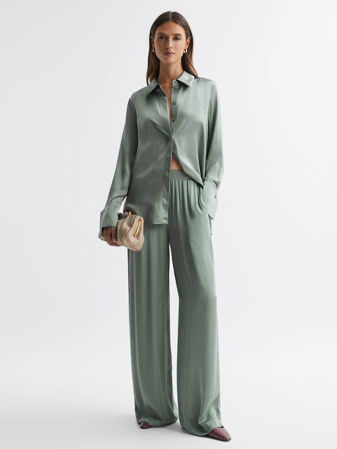 Wide Leg Elasticated Waist Trousers in Sage (414603) | US$66