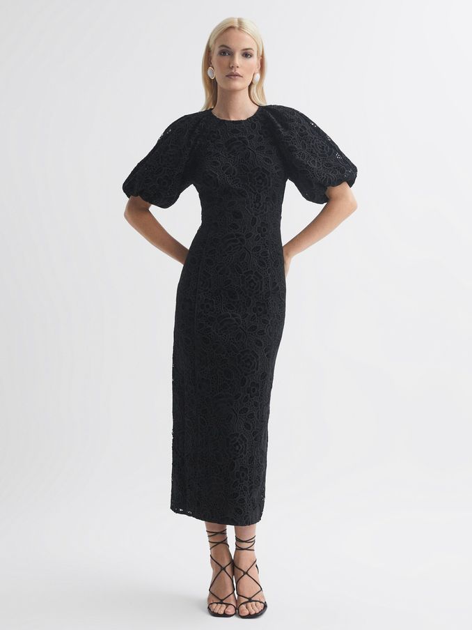 Florere Velvet Lace Puff Sleeve Midi Dress in Black (415143) | €117