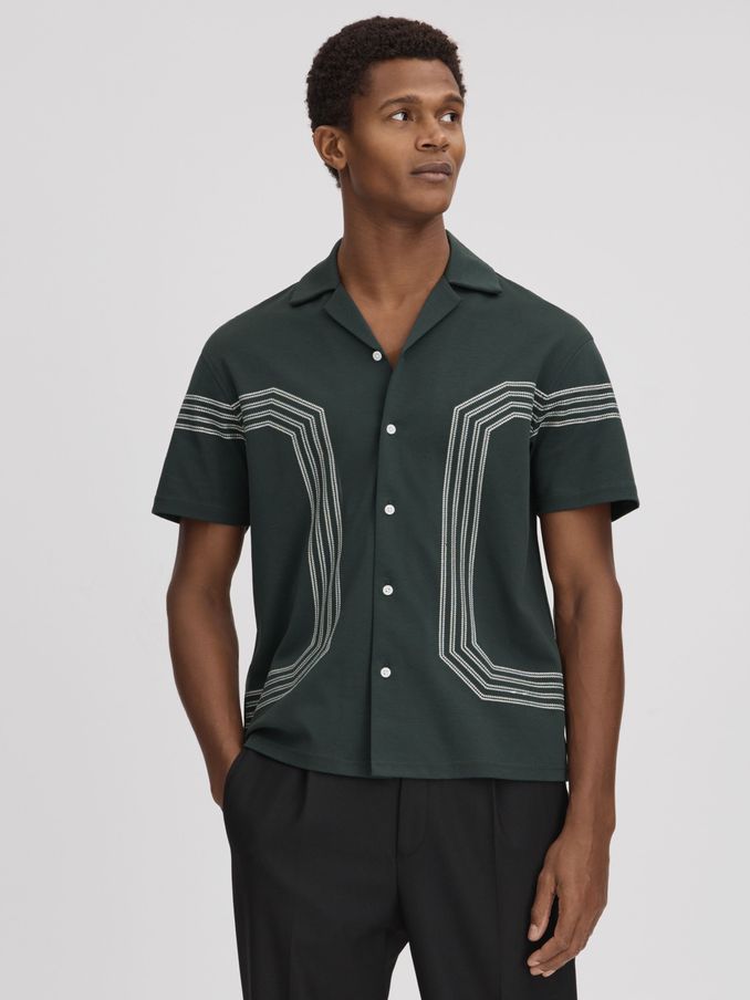 Mercerised Cotton Embroidered Cuban Collar Shirt in Emerald (415903) | CA$73