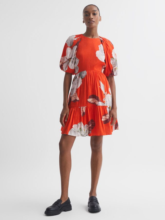 Florere Linen Silk Puff Sleeve Mini Dress in Orange (421832) | US$138