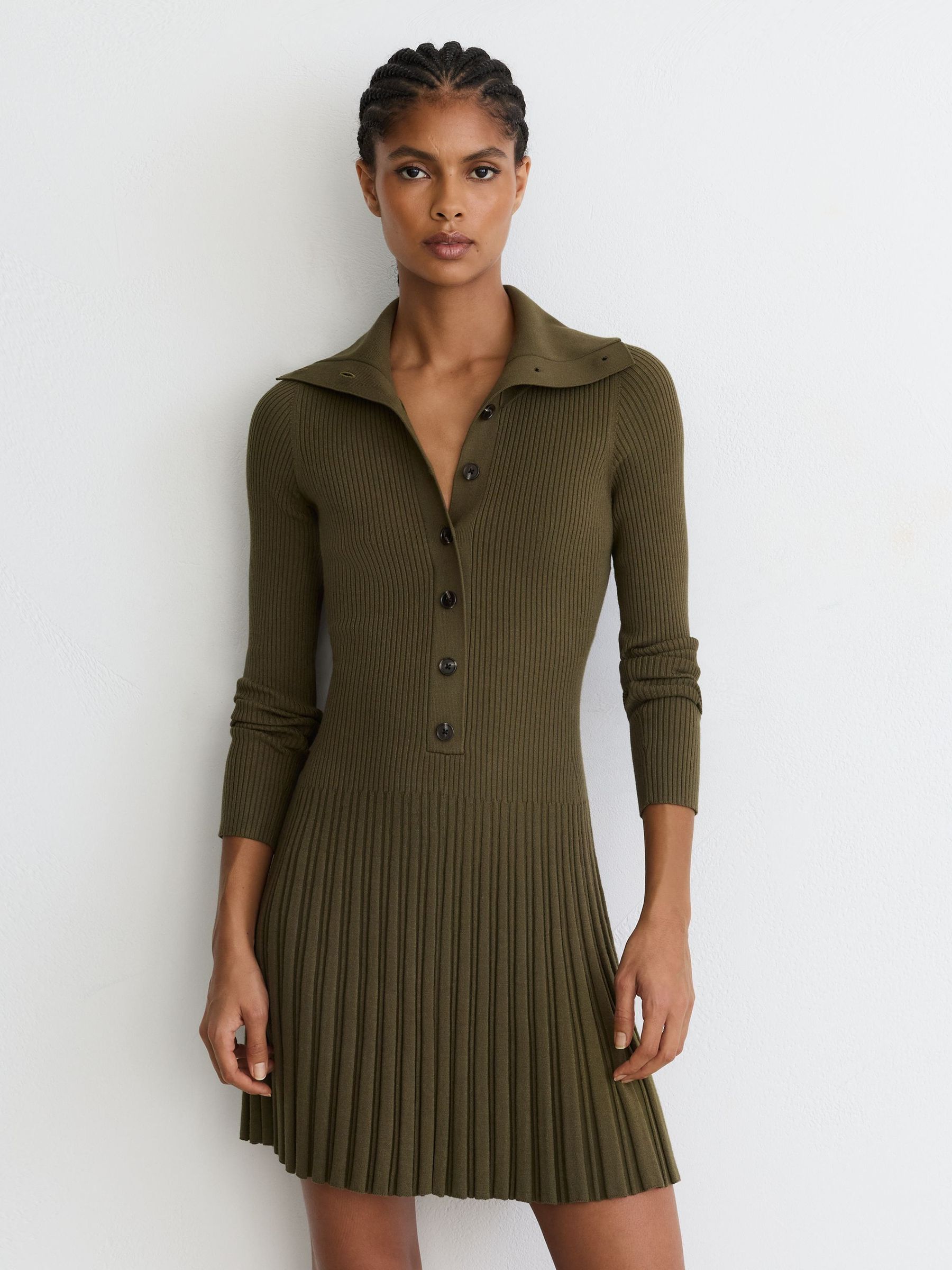 Khaki Green - Rib-knit Pleated Half-button Mini Dress
