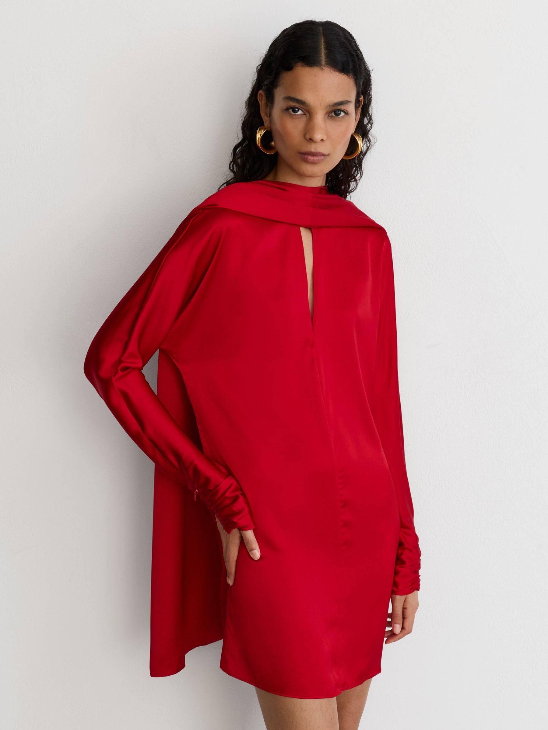 Red - Satin Cape-detail Mini Dress