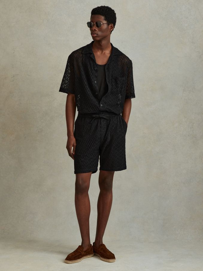 Cotton Blend Crochet Drawstring Shorts in Black (439701) | €39