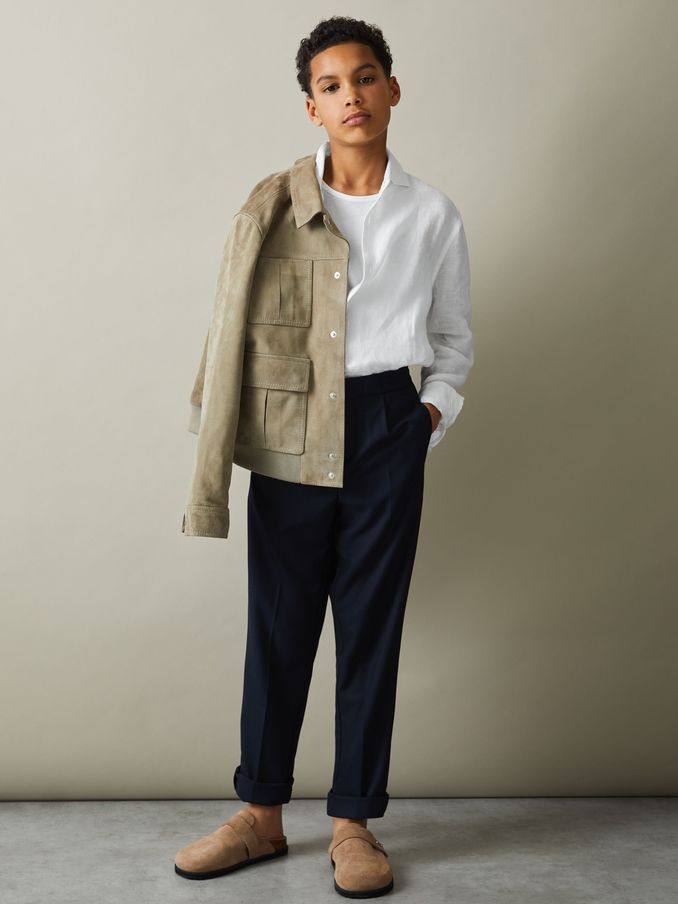 9-13 yrs Striped Linen Cutaway Collar Shirt in White (439937) | US$70