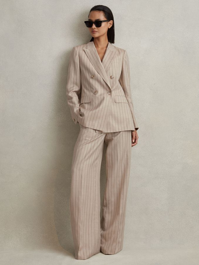 Wool Blend Striped Double Breasted Blazer in Neutral (440022) | €241