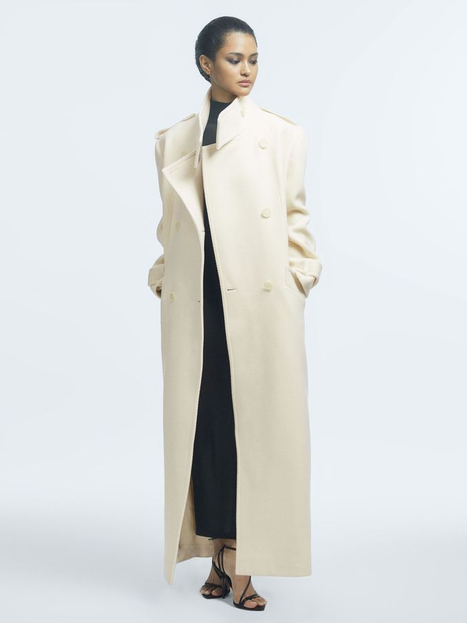 Atelier Oversized Wool Double Breasted Long Coat in Cream (443596) | US$1,038